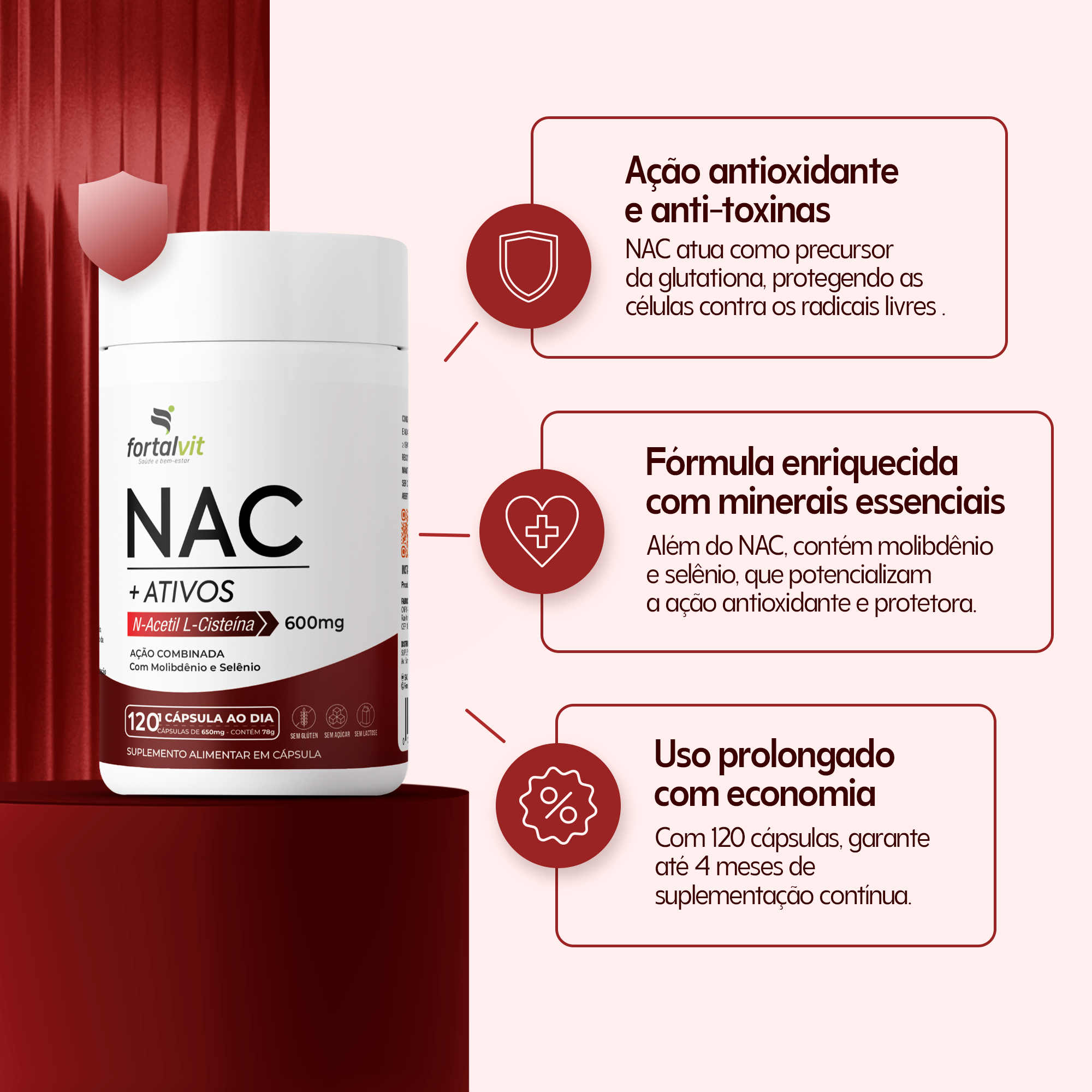 NAC +Ativos 120 Caps, 4 meses de Uso, Enriquecido com Molibdênio e Selênio, Fortalvit - Imagem 5