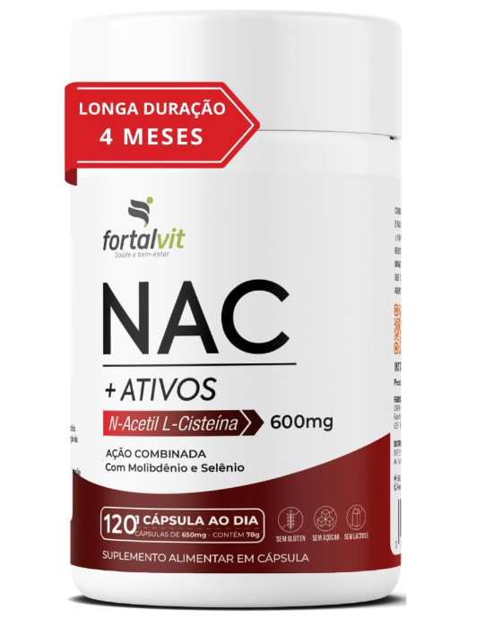 NAC +Ativos 120 Caps, 4 meses de Uso, Enriquecido com Molibdênio e Selênio, Fortalvit